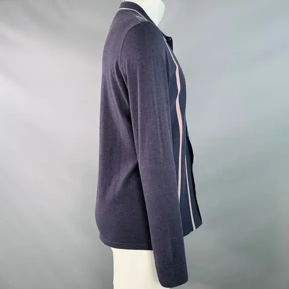 LANVIN Size M Navy Grey Pink Stripe Merino Wool Cotton Knit Long Sleeve Shirt